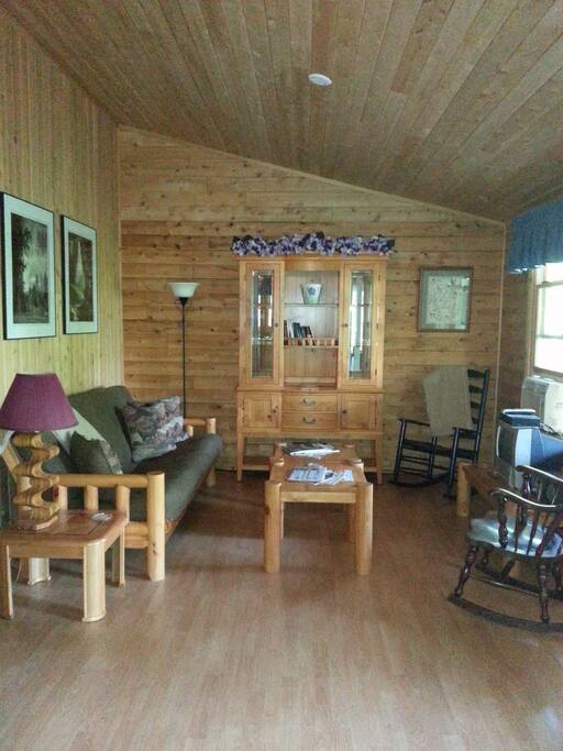 Looking at living room from kitchen. Futon folds out to a bed and can sleep 2. Please bring your own linens.