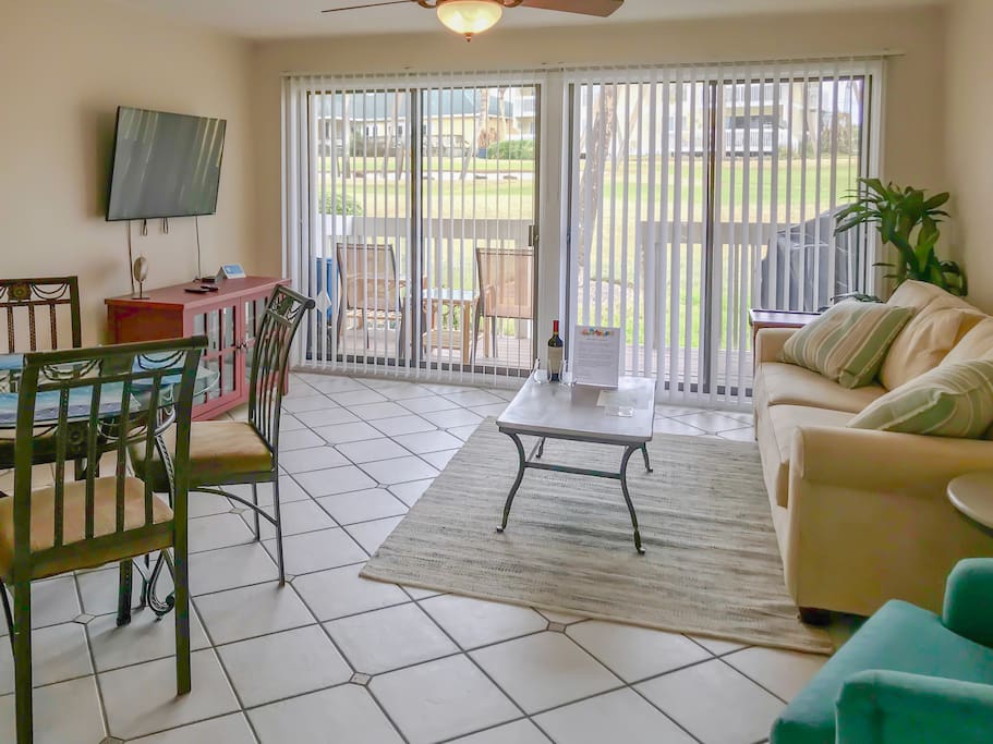 Living area with a view overlooking the golf course.
