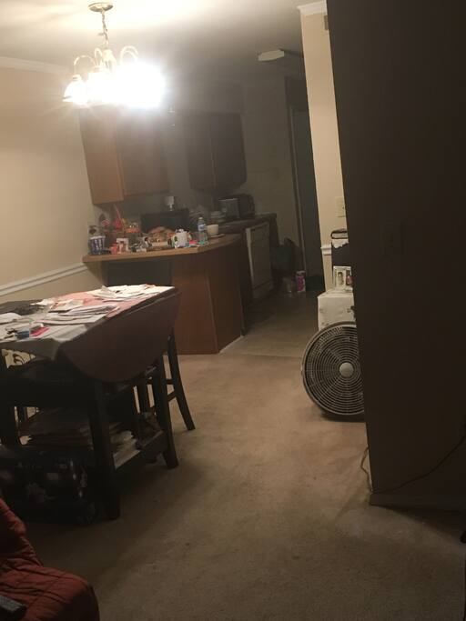 View of apartment as you enter, kitchen at the back, photo taken from living room area