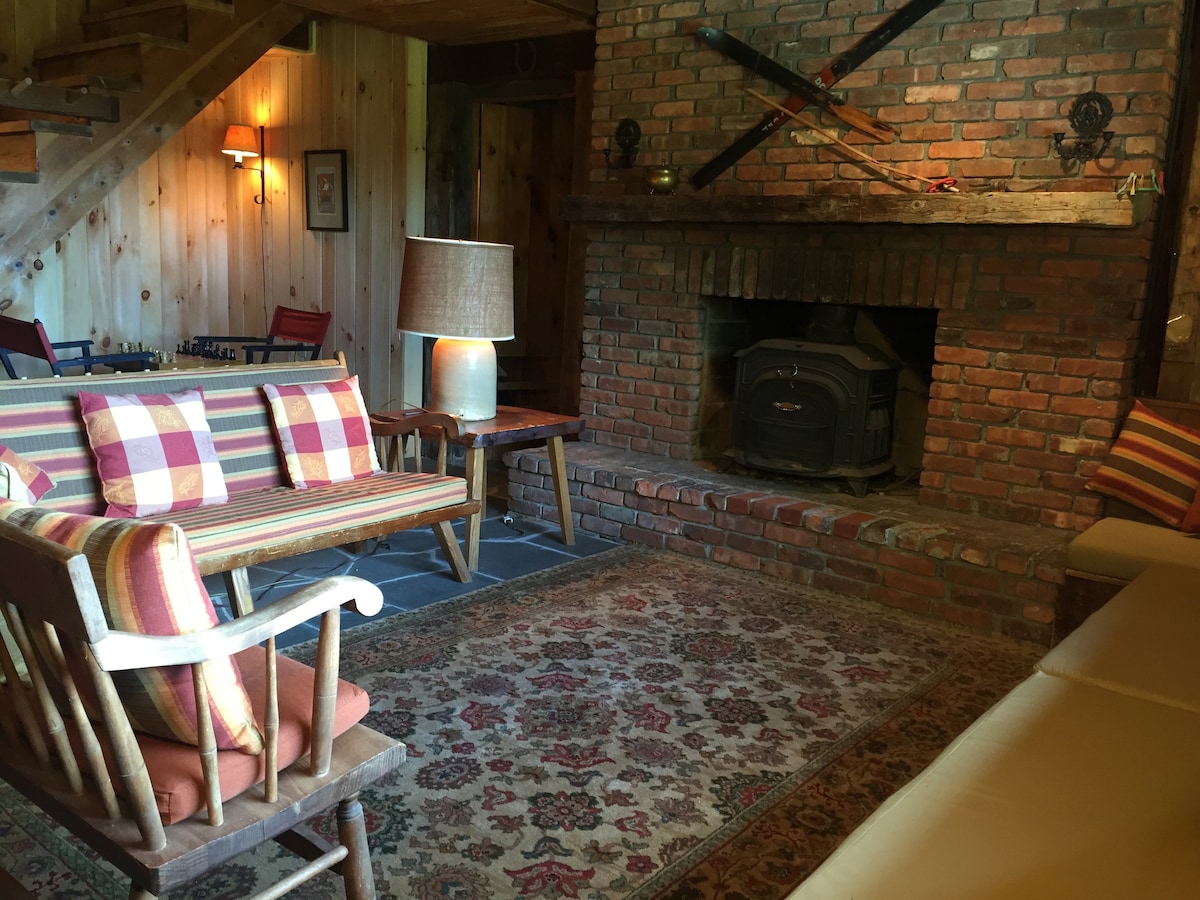 A cozy living space features a brick fireplace surrounded by comfortable seating with patterned cushions. A warm lamp provides soft lighting, while a classic rug adds texture to the room. Wooden beams and soft textiles contribute to a rustic feel.