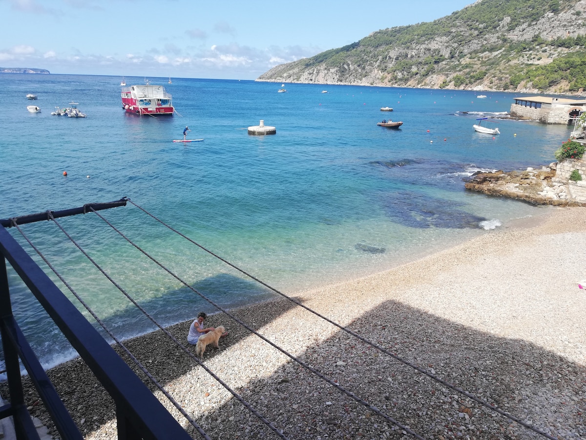A serene beach view is featured, with clear blue waters gently lapping against the pebble shoreline. A small boat is visible in the distance, while a person and a dog sit peacefully on the beach. Lush green hills rise in the background.