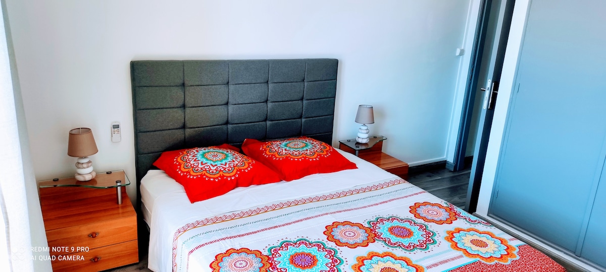 Კონდიცირებული დედოფლის ზომის საძინებელი დიდი კარადით