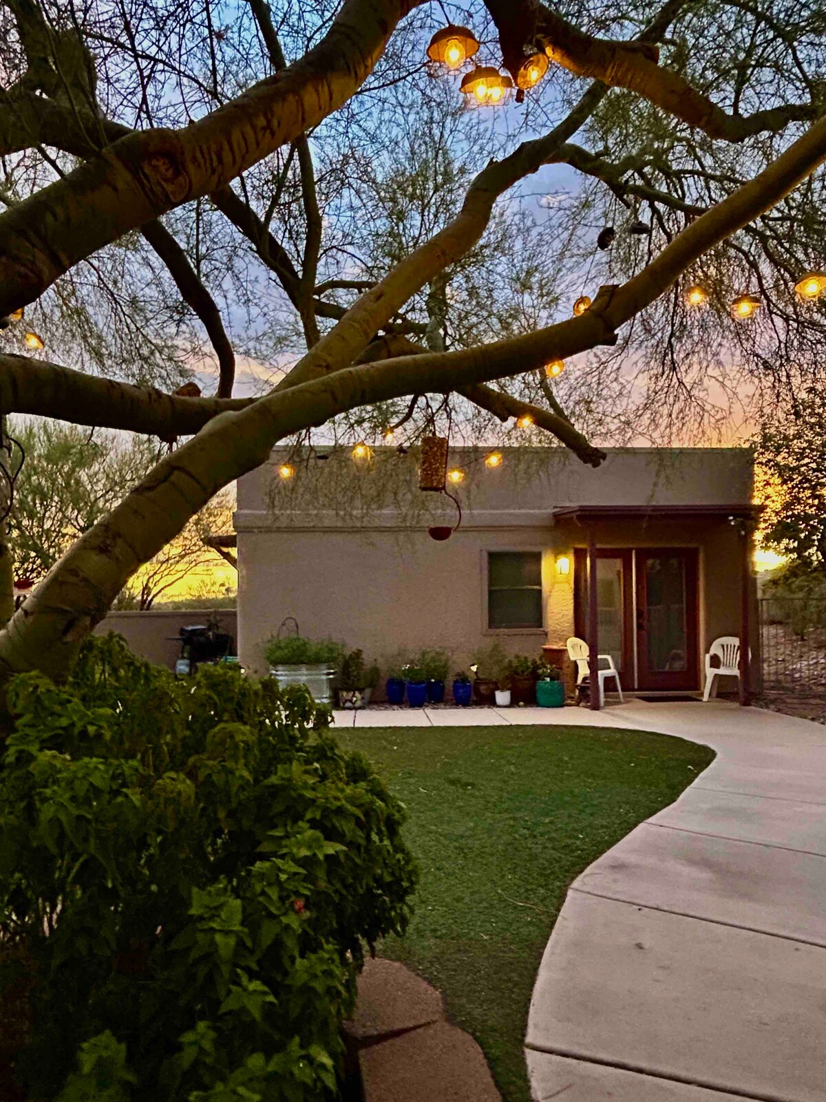 The exterior of the guest house is framed by beautifully lit string lights hanging from a tree. Access to the entrance is via a sidewalk that leads to the door, with vibrant potted plants arranged along the pathway, enhancing the serene outdoor space.
