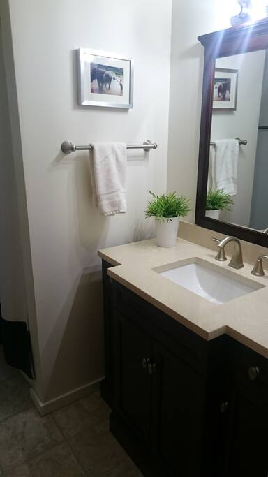 Granite counter tops and Oak finished cupboards. Enjoy a Bath or a Shower with a few bubbles:) Towels, shelf storage, first aid kits and toiletries included.