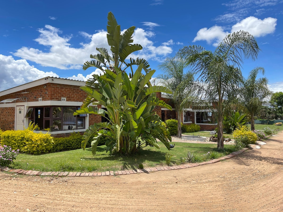 The exterior showcases a single-story brick building surrounded by lush greenery and palm trees. A well-maintained garden with vibrant shrubs complements the inviting facade, while a dirt path leads towards the entrance under a bright blue sky.