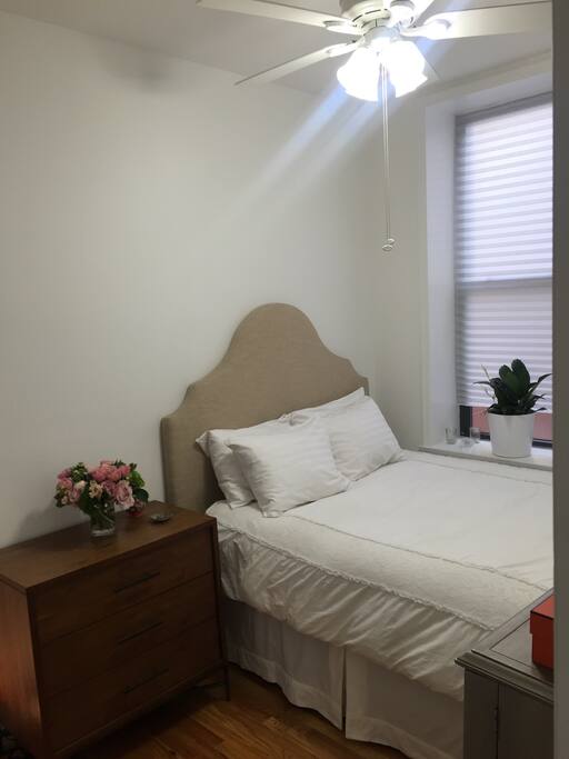 Queen size bed and a ceiling fan in the bedroom