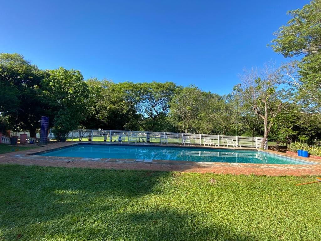 A spacious outdoor pool is surrounded by well-maintained grass and trees, creating a natural and serene environment. The pool features a clean, reflective surface and is enclosed by a low fence, ensuring safety while enjoying the peaceful surroundings.