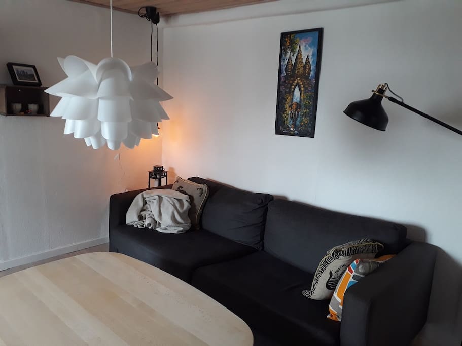 Living room with sofa and nice atmosphere and cosy lighting