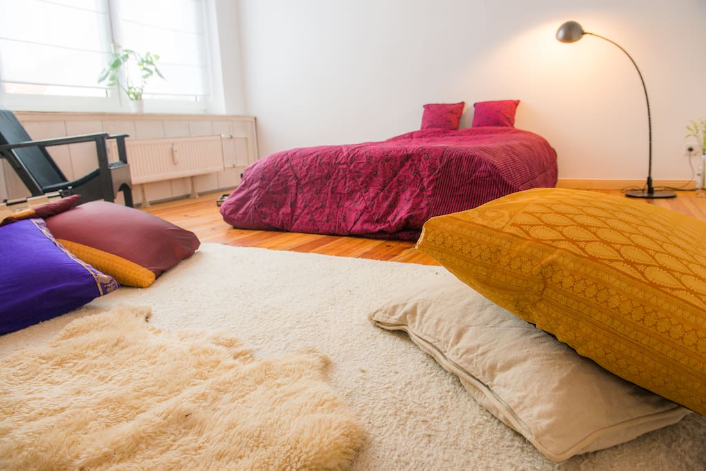 Living room-turned guest bedroom