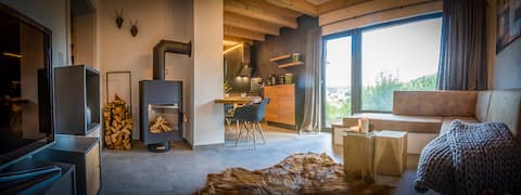 with sauna and fireplace at the edge of the forest with lots of peace