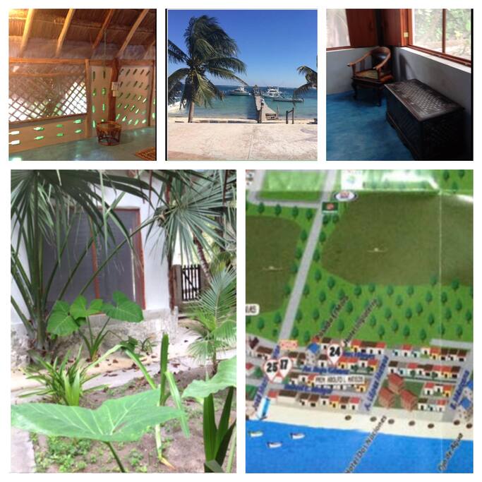 inside the palap , beach, outside the palap, map of town.
