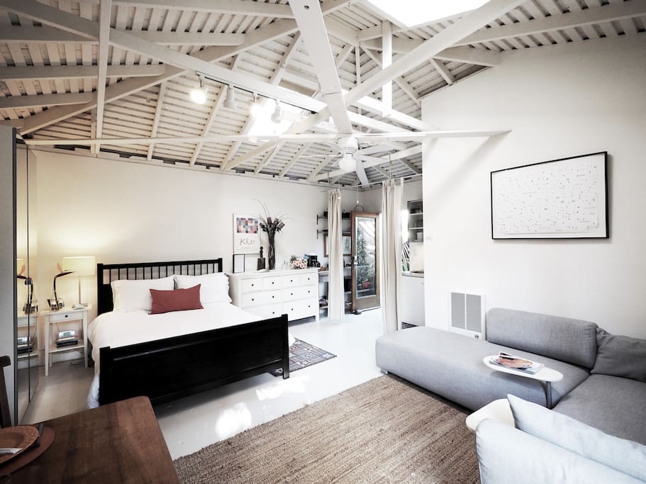 Comfortable queen bed, plenty of storage, hanging space.