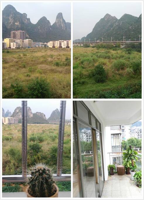 超大阳台,主卧,家庭房配备的落地玻璃窗,远处山,草地,视野宽阔,空气清新!
