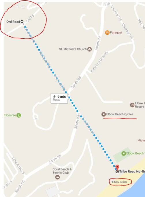 Approx 750m away from Elbow Beach.. On No:2 bus route too