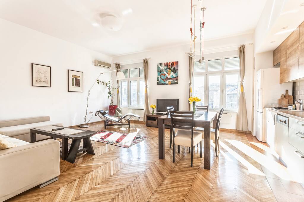 Large living room with dinning area and open plan kitchen