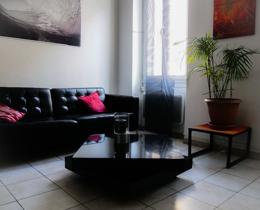 Salon, canapé en cuir. possibilité de mettre un matelas qui est rangé dans l'appartement.
