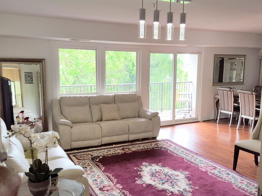 Living room with reclining leather couch and huge balcony
