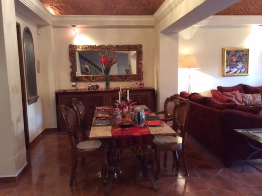 Dining room with Mexican dishes. Beautiful boveda ceilings.