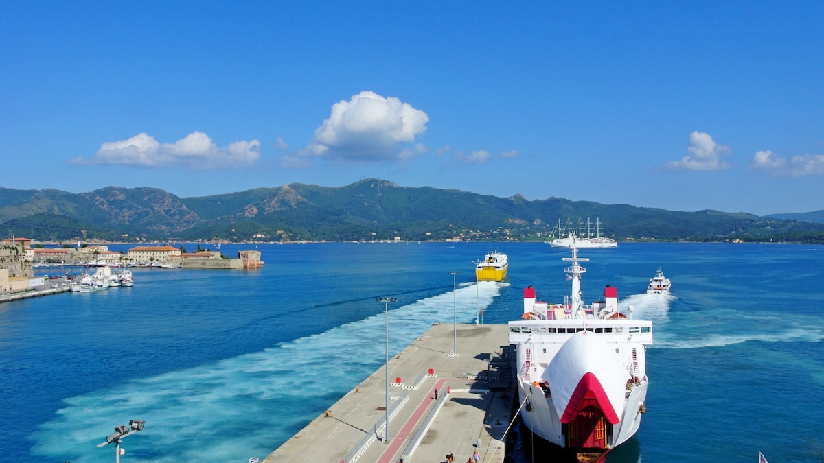 The image captures the scenic harbor of Portoferraio, featuring a large ferry and smaller boats navigating the clear, blue waters. The backdrop includes hills and a clear sky dotted with fluffy clouds, emphasizing the tranquil atmosphere of the coastal area.