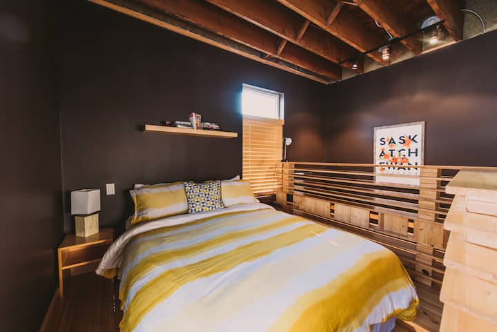 Master bedroom, elevated bed. 