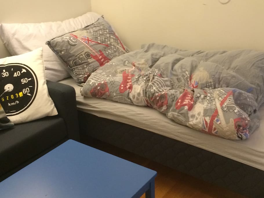 Soverom med en seng og sovesofa