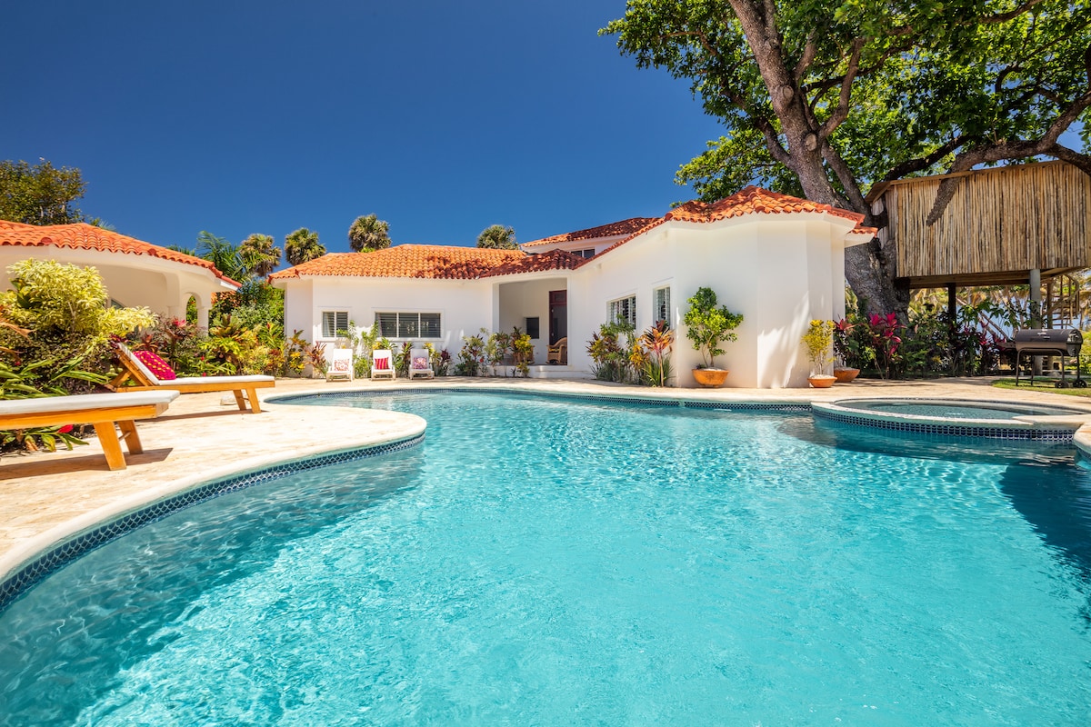 A serene pool area is surrounded by lush tropical landscaping and features a clear, inviting pool. A spacious terrace with lounge chairs is visible, connecting the villa and the vibrant greenery. A treehouse is nestled among the foliage, adding an element of charm.