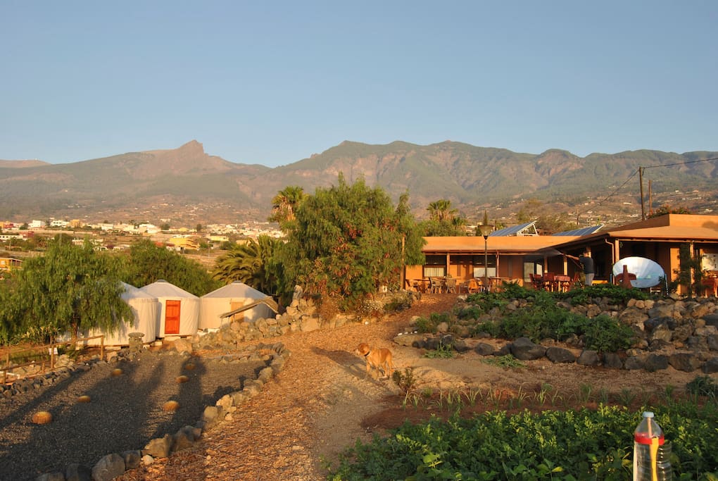 Vista de las yurtas y la montaña