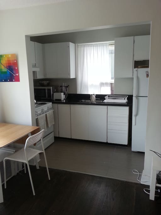 Fully equipped kitchen includes dishes, utensils, pots and pans, microwave, fridge, oven.