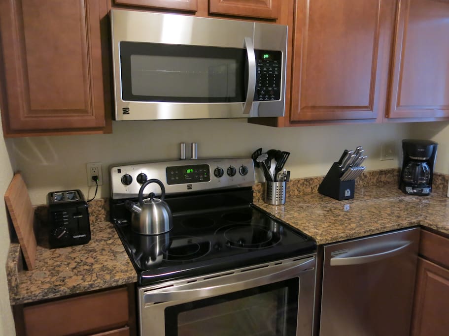 The apartment kitchens are fully stocked with pots, pans, baking dishes, utensils, glassware, small appliances and more!