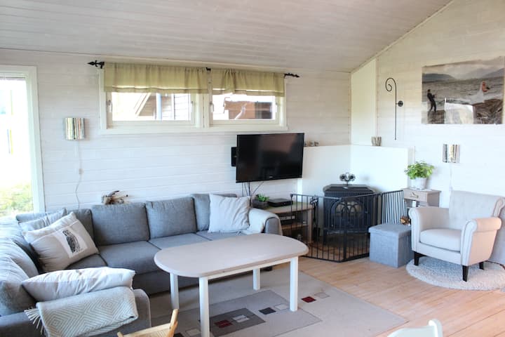 От всекидневната се открива гледка към фиорда, гората и планините! Удобен диван и камина, която осигурява много топлина!