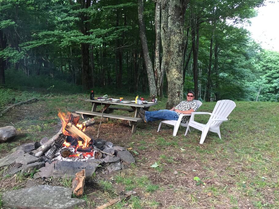 Fire pit, tables and chairs