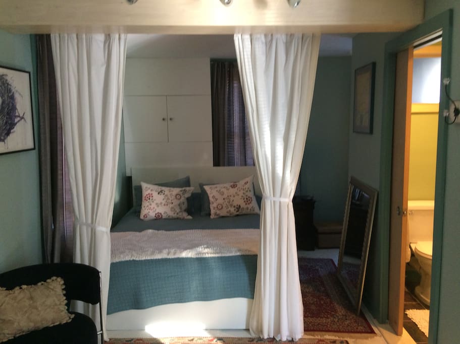 New Queen bed
Bathroom,shower,to the right with pocket door.