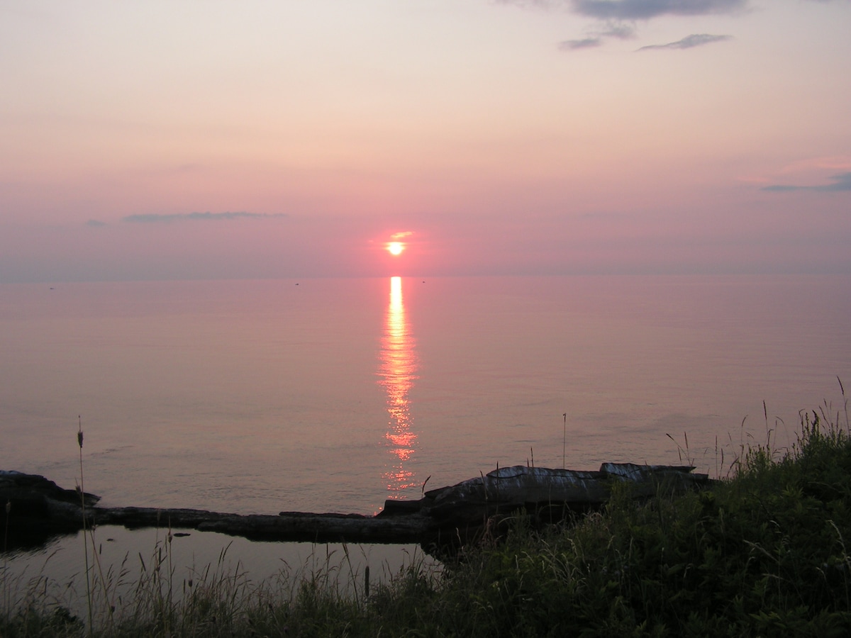 A serene view of the sun setting over calm waters, with gentle waves reflecting shades of orange and pink. Silhouettes of distant boats can be seen on the horizon. The foreground features a peaceful shoreline lined with grass and a wooden log resting on the sand.