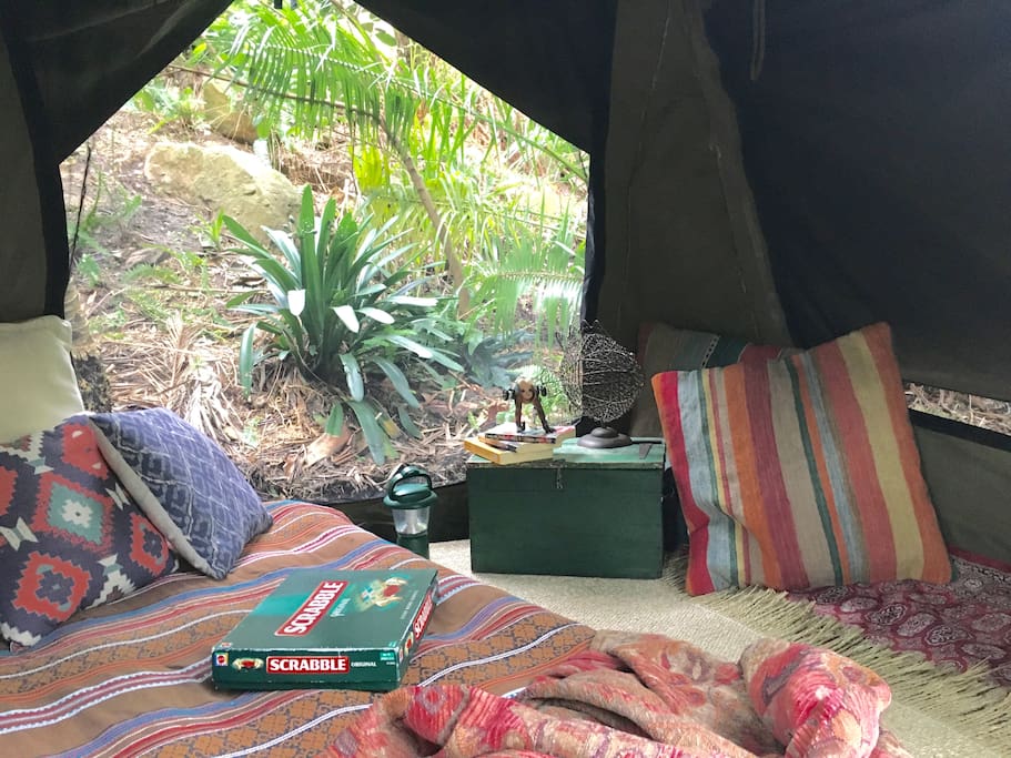 The tent has openings on all sides with zip opening insect mesh as well as solid canvas sides all around