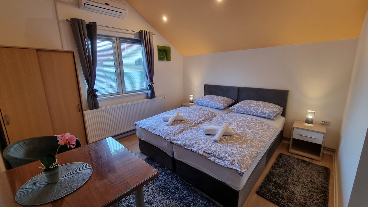 A well-lit room features two single beds with light bedding, arranged side by side. A wooden table with a black chair is positioned near the window. The room includes a wardrobe and bedside tables, while soft carpeting adds warmth to the space.