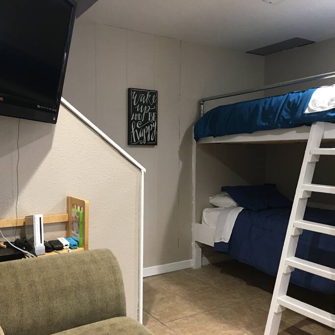 TV has Netflix, DVD player, X-Box, and Wii.