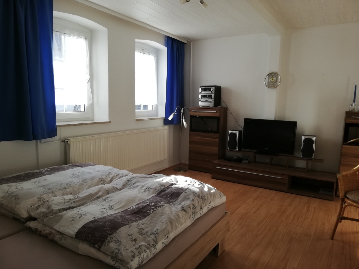 A bright living-sleeping area features a spacious bed, complemented by light-colored bedding. Two windows with blue curtains allow natural light to fill the room. A television stands on a wooden media unit, and a chair is positioned nearby, creating a comfortable environment.