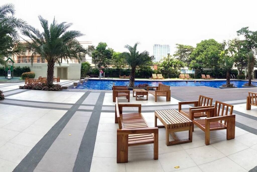 Lounging area next to the pool