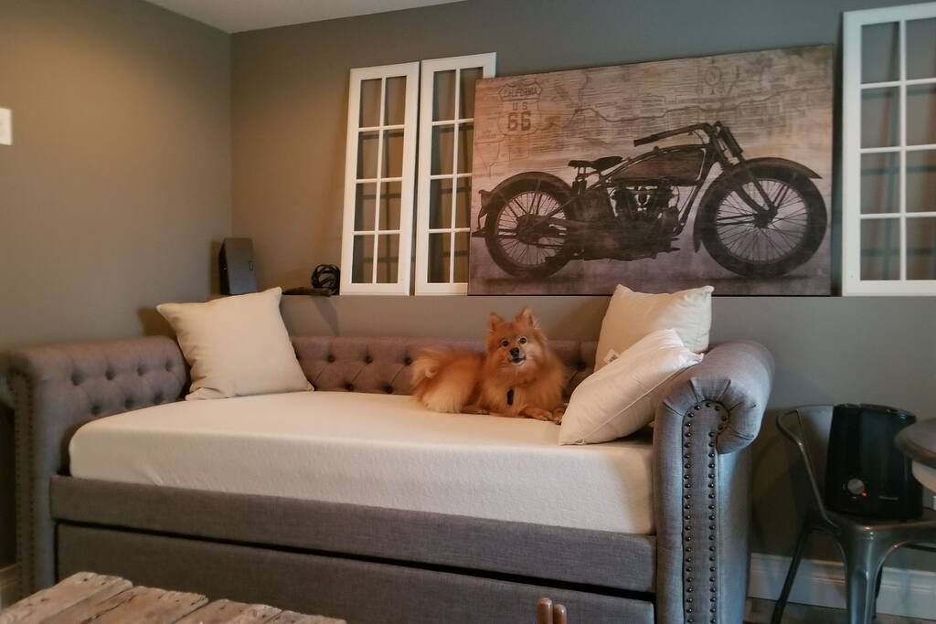 Lower level daybed (twin) with new green tea 10" memory foam mattress with trundle bed below also twin size and memory foam mattress as well. New sheets and pillows being delivered as well.