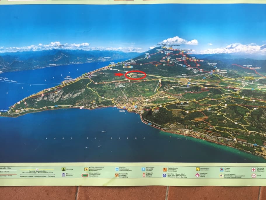 Map of hiking trails. Castion location. Close to Monte Baldo, The Lake, Many villages.