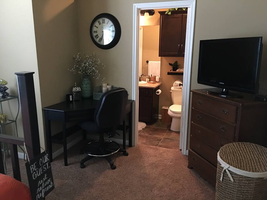 Desk and work space, satellite tv, Keurig coffee station