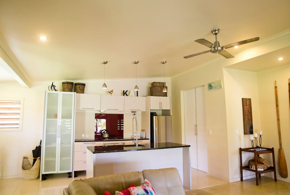 Modern kitchen, Fridge/freezer, double doors to scullary.