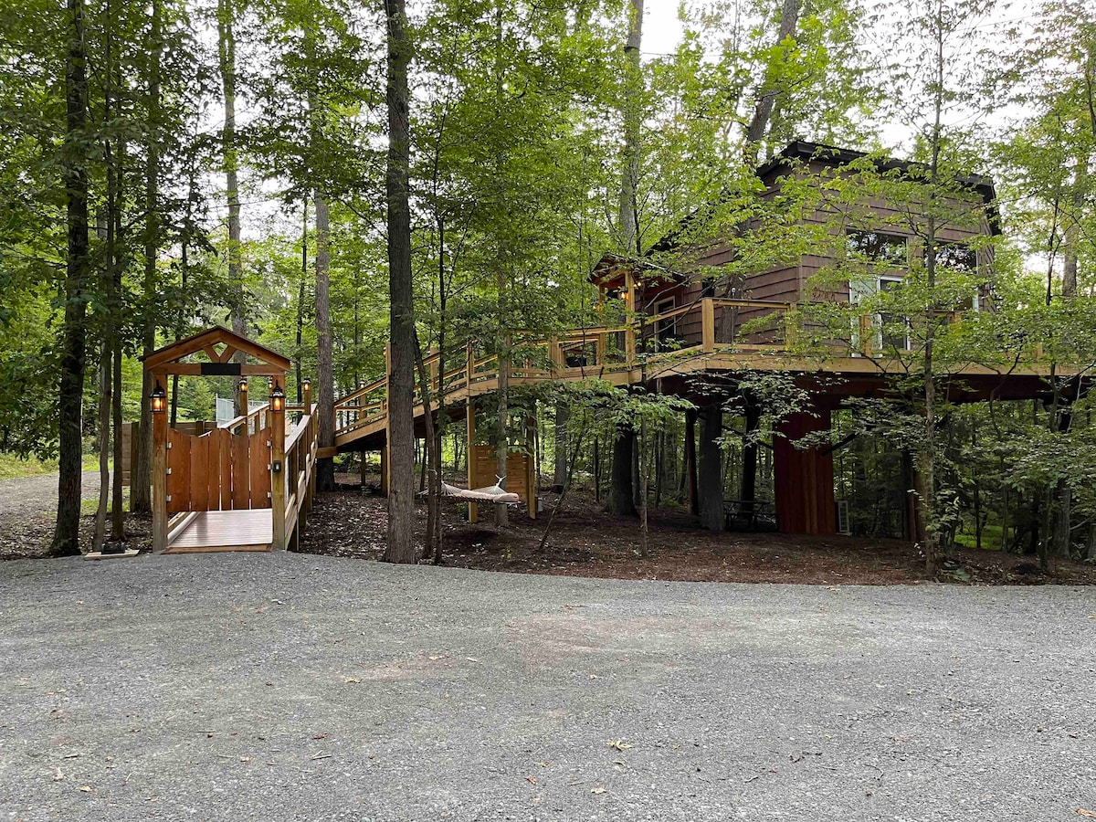 The treehouse is set among the trees, featuring a wooden walkway that leads to an elevated entrance. Surrounded by lush greenery, the structure blends with its natural surroundings. A gravel parking area is visible in the foreground, providing easy access.