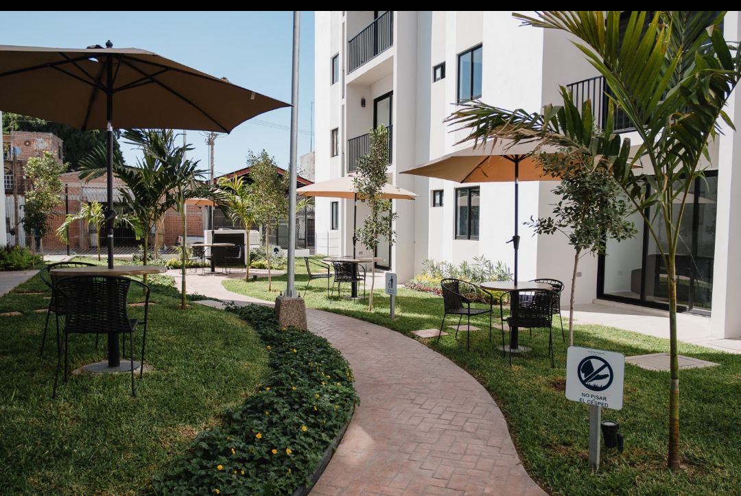 A landscaped courtyard features a winding path bordered by grass and small plants. Black wicker chairs and umbrellas are arranged near tables throughout the space, offering areas to relax. Modern white buildings frame the scene, complemented by small trees providing greenery.