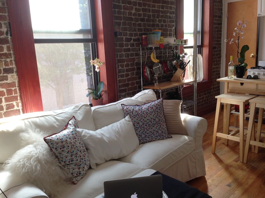 This cozy couch is great for relaxing and watching movies, and also pulls out into a comfortable double bed!