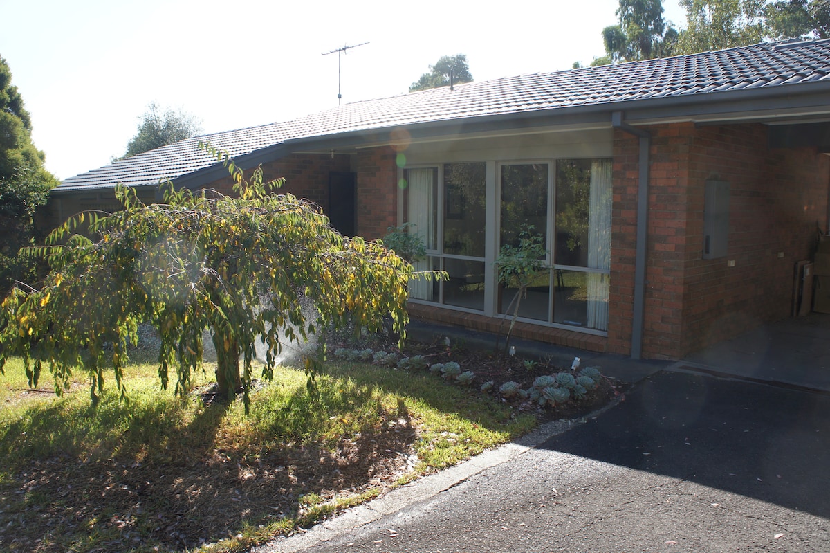 The exterior of a brick home is visible, featuring large windows that offer views into the interior. A small garden with a leafy shrub and decorative stones is situated in the front yard. A paved driveway leads to the house, surrounded by greenery.