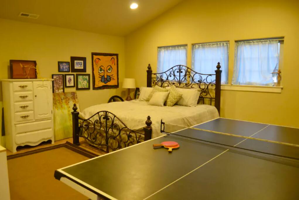 The ping pong table can be set up if your group wishes to play, or taken down to provide more space. This is a very large guest room. (approximately 20x20)