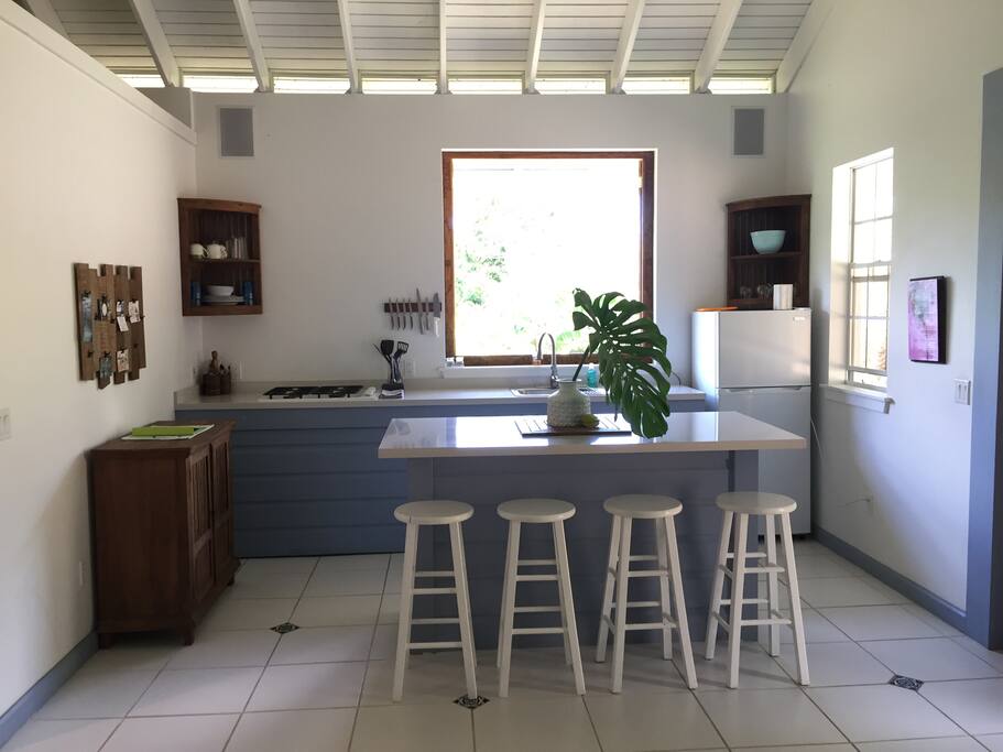 The kitchen with stone counter tops, cook top, fridge, coffee maker and more...