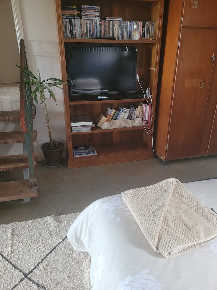 Runinga ina mwonekano kamili kutoka kwenye kitanda cha ukubwa wa Malkia chenye starehe sana.