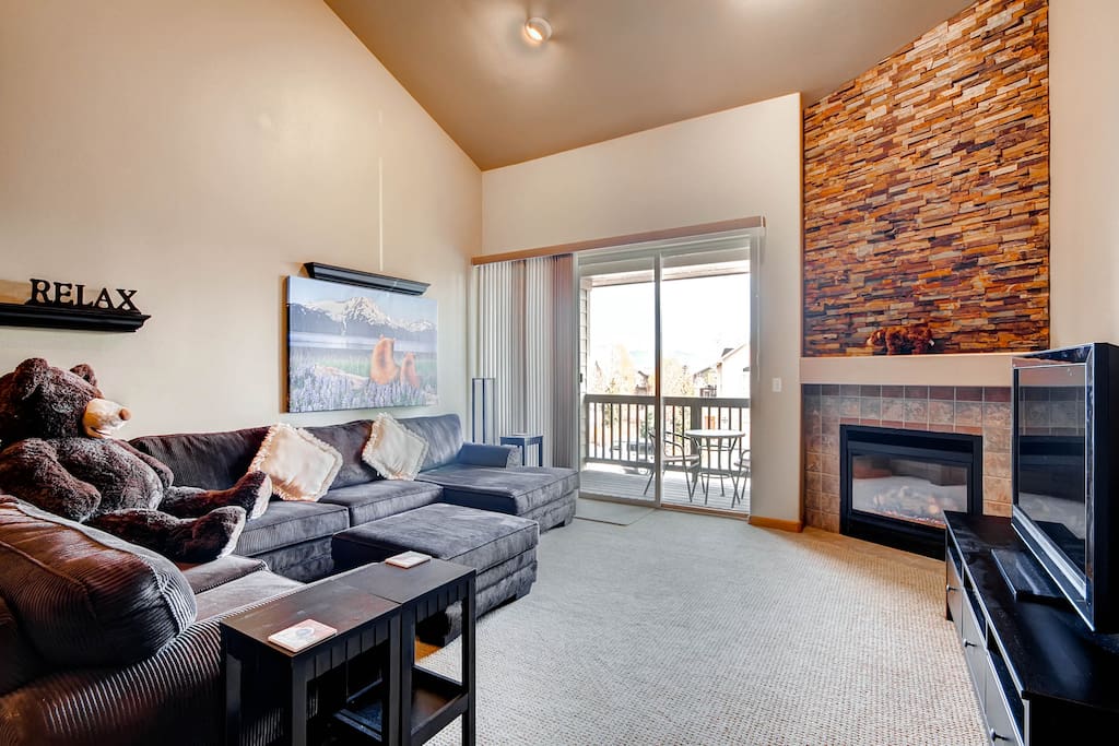 Front deck and corner fireplace